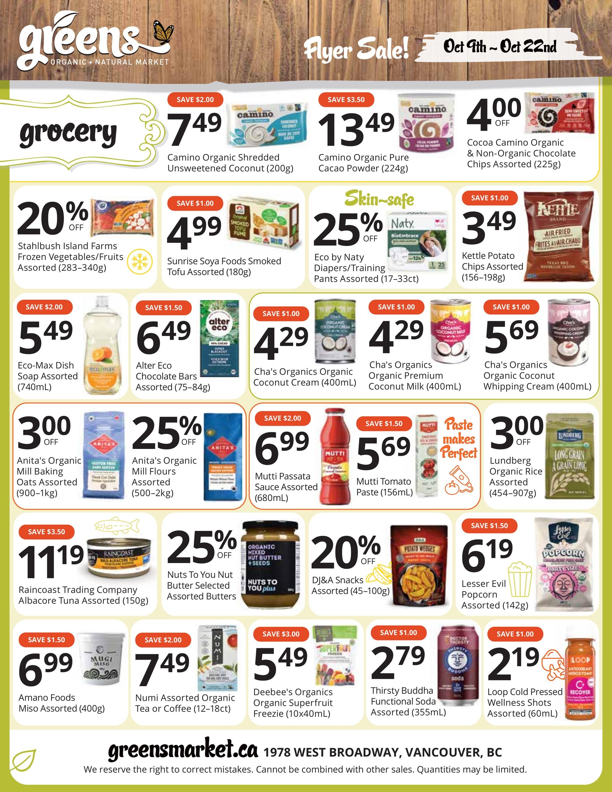 Greens Organic and Natural Market flyer page 1